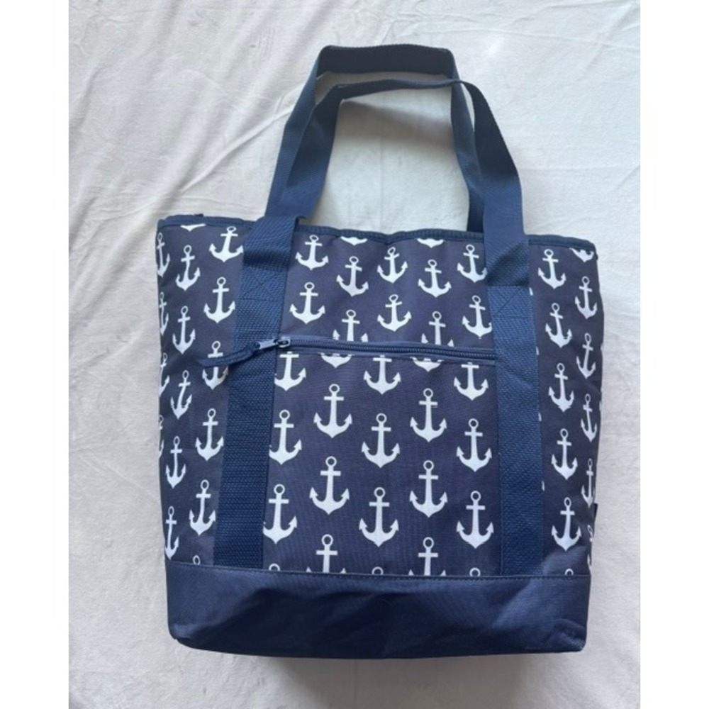 BocaBag Navy Blue Anchor Print Insulated Cooler Tote Bag Nautical Beach Picnic